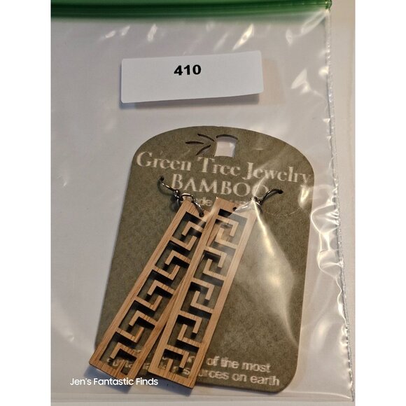 Green Tree Jewelry Bamboo Earrings Geometric Pattern Made In USA Sustainable Woo - Picture 4 of 4